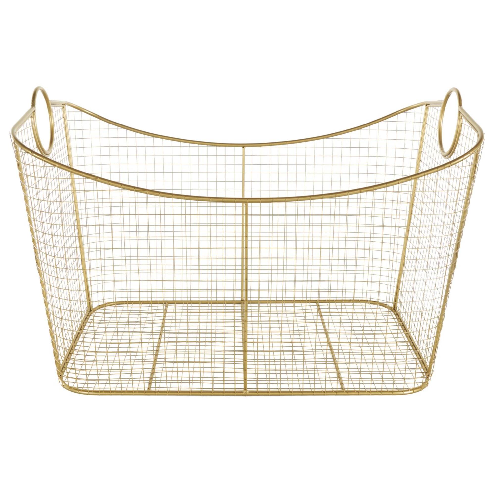 30.25" Gold Metal Geometric Wire Grid Basket with Curved Sides & Ring Handles